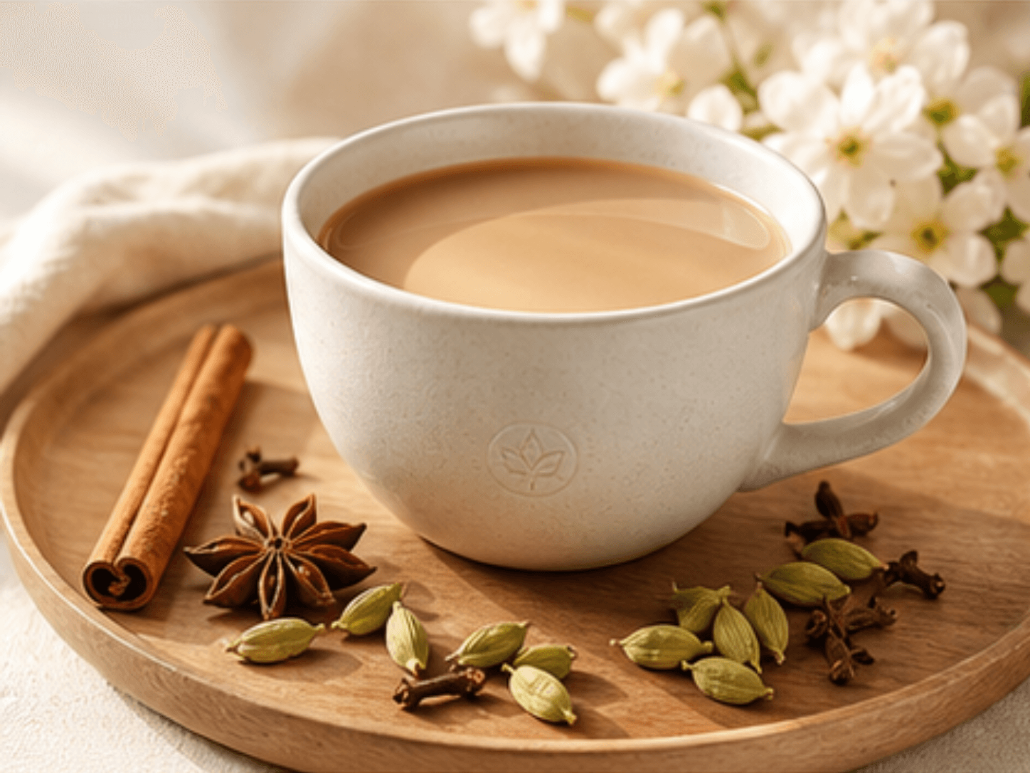 A white ceramic cup of creamy chai on a wooden tray, surrounded by cardamom pods, a cinnamon stick, star anise, and a few soft white flowers in warm intimate light.