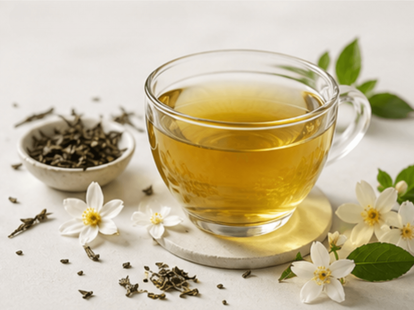 A glass cup of golden-green Ceylon green tea on a wooden tray with a small pile of loose green leaves and tiny white tea blossoms in crisp daylight.
