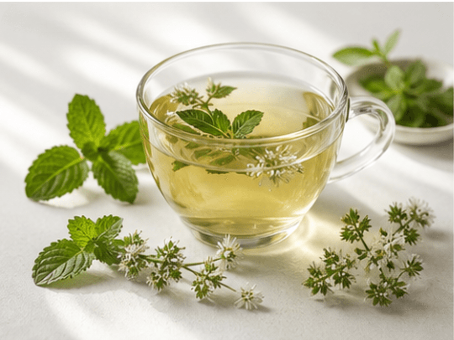 A glass cup of pale herbal peppermint infusion on a tray, with fresh mint sprigs and tiny white mint flowers in cool, refreshing light.